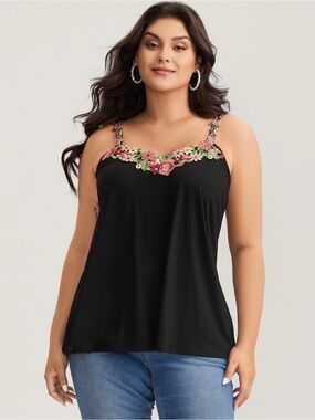 BloomChic Black Cami with Pink and Green Floral Appliqué